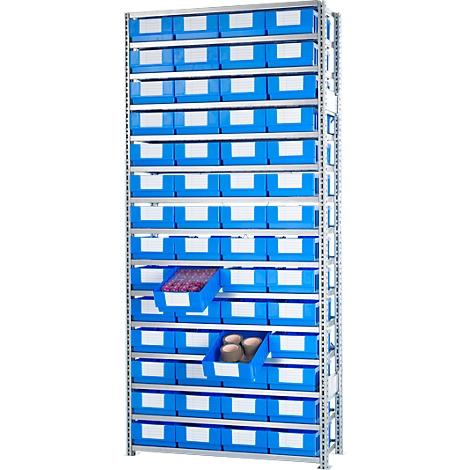 A metal rack with many blue boxes for storing small parts.