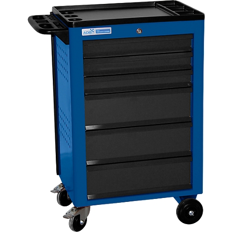 Blue and black tool cart with five drawers. The cart stands on wheels, has a shelf, and a handle.