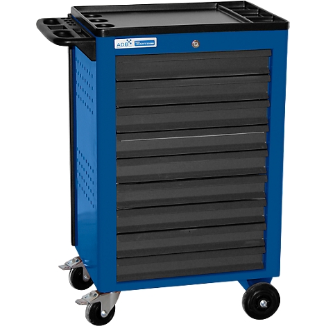 Blue tool cart with black drawers and casters. Top storage area with compartments. Logo on the front.