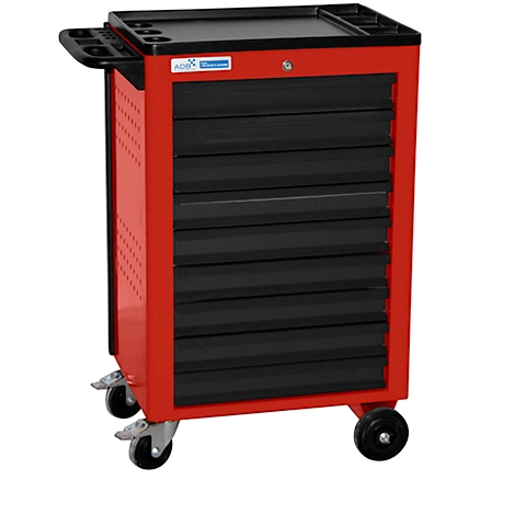 Red tool cart with black drawers and storage area, on casters.