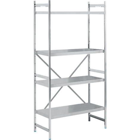 RVS stelling met vier niveaus. De constructie is metaalachtig, open en ontworpen voor industrieel of commercieel gebruik.