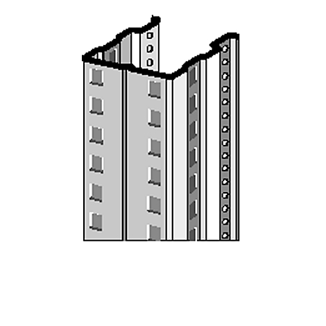 Riel de perfil de acero gris. Tiene agujeros y huecos cuadrados.