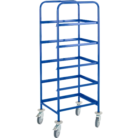 Blue trolley with 5 shelves, metal frame and castors.