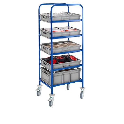 Blue, rolling transport cart with five gray plastic boxes filled with various materials and parts.