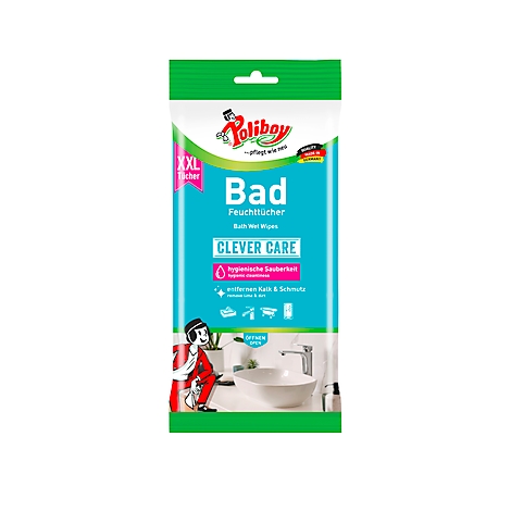 Poliboy bathroom wet wipes packaging. Product name and application examples on the packaging, a cartoon man in a red suit in the bathroom.