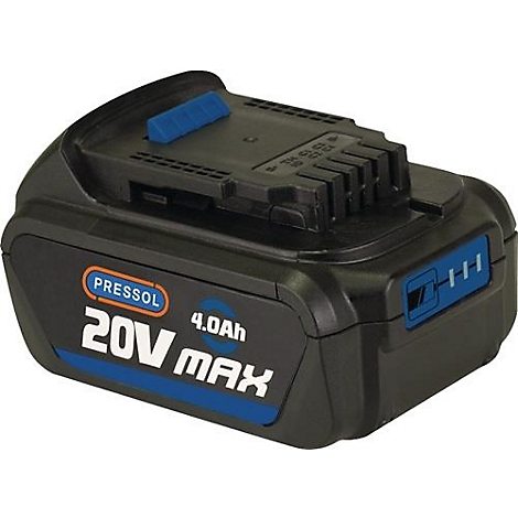Batterie noire de Pressol avec des accents bleus. Inscription : 20V Max, 4.0Ah. Indicateur de niveau de batterie.