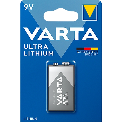 9V Varta Ultra Lithium Batterie. Blauer Hintergrund mit Text und Logo. Batterien Hersteller seit 1887.