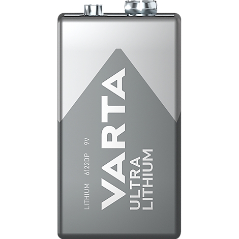 Graue 9V-Batterie von Varta. Aufschrift: Ultra Lithium.