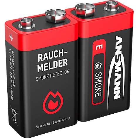 Two black smoke detector batteries with red tops. One says "RAUCHMELDER" and "SMOKE DETECTOR".