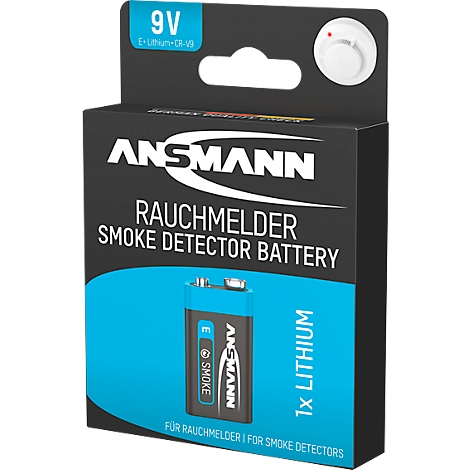 Packaging of a 9V lithium battery for smoke detectors. Printed: ANSMANN, smoke detector battery.