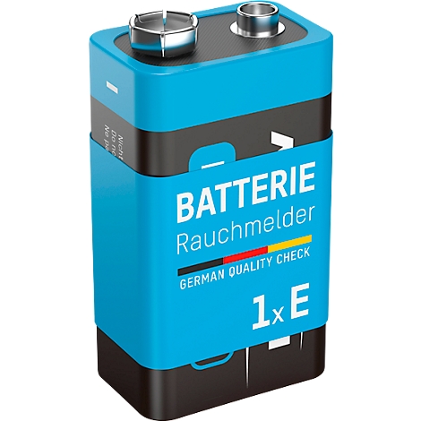 Blue 9V battery with the inscription "BATTERY smoke detector".