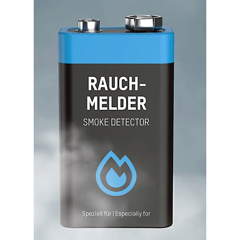Rectangular battery with a blue top, the text "Rauchmelder Smoke Detector" and a flame symbol. Below is written "Spezziell für / Especially for".
