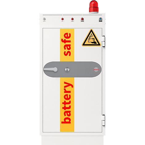 Weißer Batteriesafe mit rotem Warnlicht, Aufschrift 'safe battery' und einem Warnschild. Grauer Griff und roter Knopf.
