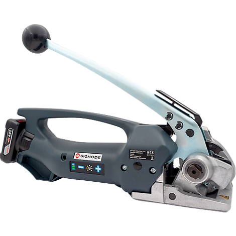Grijze elektrische omsnoeringsmachine met blauwe hendel en zwarte knop. Accu en merklogo zichtbaar.