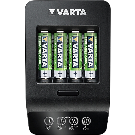 Zwarte oplader met vier groene oplaadbare batterijen, Varta logo. Laadstatus display.