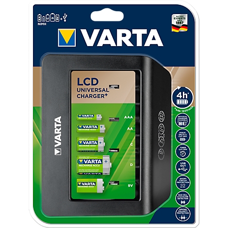 Zwart Varta batterij oplader met groene batterijen, overzicht van verschillende batterijtypes.
