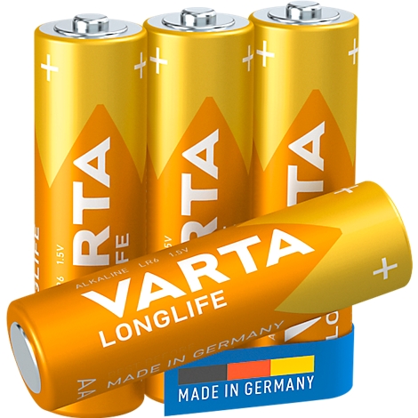 Three yellow batteries with VARTA print. One battery lies in the foreground. Inscription: Made in Germany.