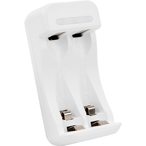 A white battery charger with two slots, metal contacts, and a rectangular recess.