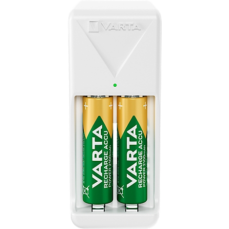 Battery charger with two batteries inserted. The charger is white and has the lettering Varta. The batteries are yellow-green.
