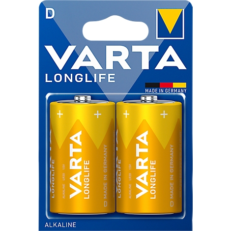 Close-up of two yellow Varta Longlife batteries in a blister pack.