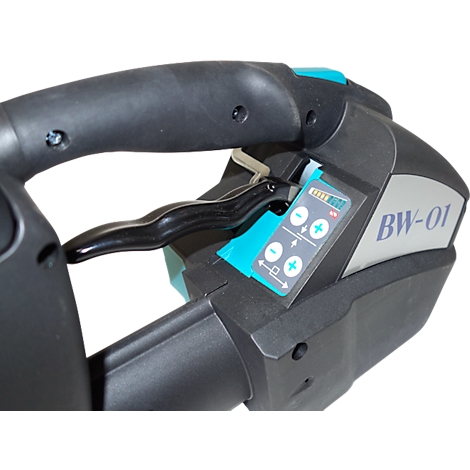 Close-up of a black packaging device with controls and a handle. Labelled BW-01.