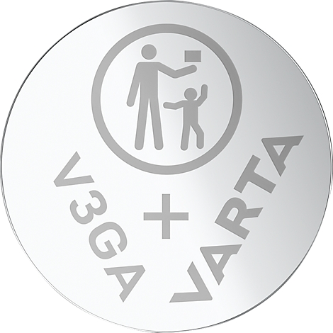 Round, silver logo showing the words V3GA + VARTA and a graphic of a parent and child.