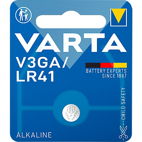 Blue VARTA battery pack, with V3GA/LR41 batteries, text: BATTERY EXPERTS SINCE 1887, CHILD SAFETY.