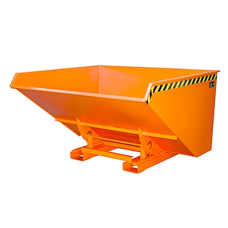 Conteneur basculant orange pour l'industrie. Avec bandes d'avertissement jaunes et noires.