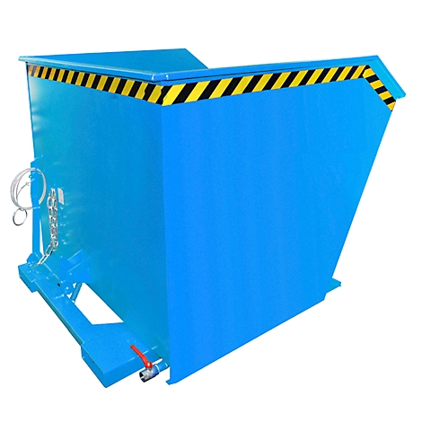 Conteneur à déchets bleu avec des bandes d'avertissement jaunes et noires sur le bord supérieur. Un levier rouge est visible en bas à droite.