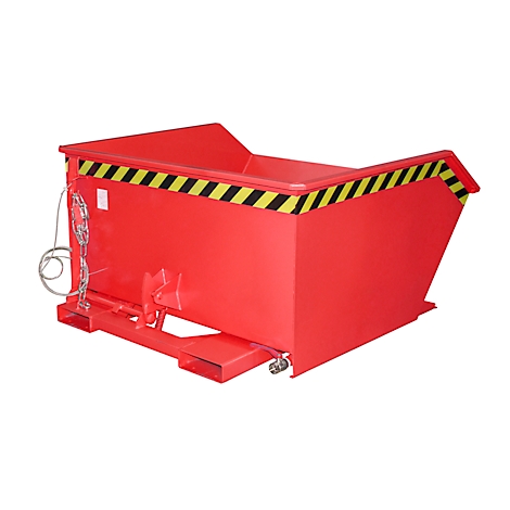 Benne rouge avec bandes d'avertissement noires et jaunes. Chaîne et support pour fixation, sur fond blanc.