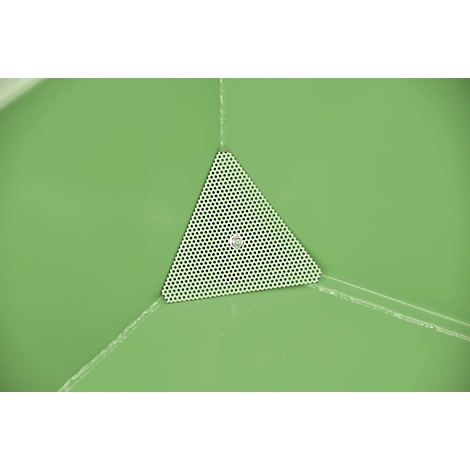 Conteneur vert avec marquage noir et jaune, ouvert sur un côté.