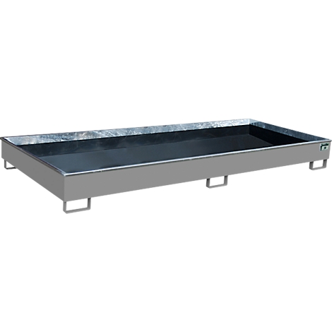 Bac métallique rectangulaire gris, avec bords relevés et pieds.