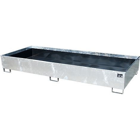 Bac métallique rectangulaire, gris, avec pieds et poignées. Intérieur noir.
