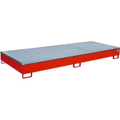 Bac de rétention rouge avec plaque perforée, cadre métallique. Sur pieds.