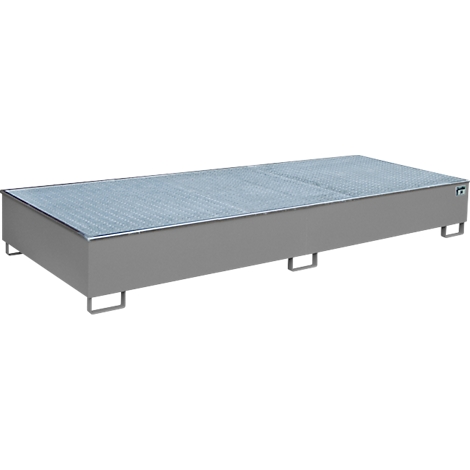 Bac en métal gris avec couvercle en grille. Debout sur de petits pieds, forme rectangulaire.