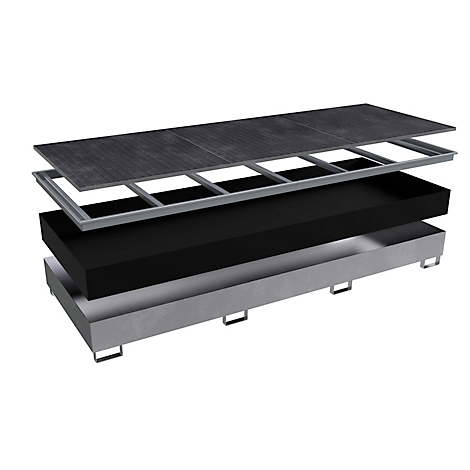 Vue éclatée d'une plateforme. Différentes couches : plaque supérieure, cadre, matériau noir, support inférieur.