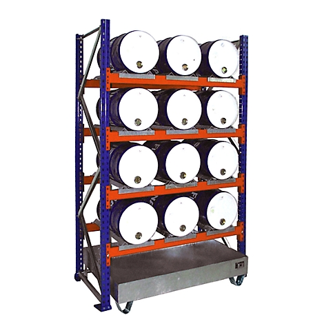 A storage rack with blue barrels and white lids. The rack is orange and blue. There is a drip tray under the rack.