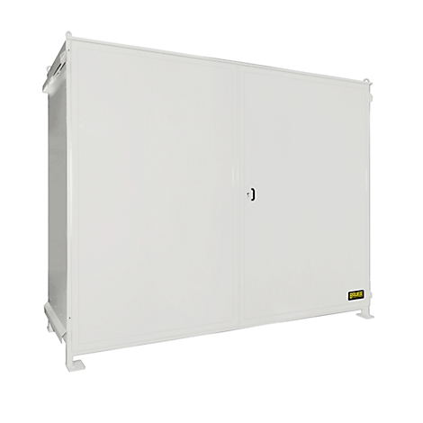 White housing with two doors. One door handle, a yellow sign.