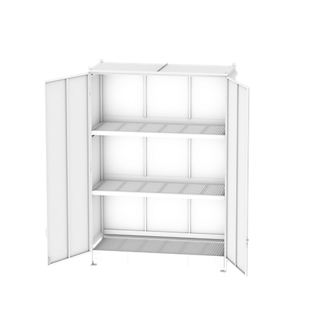 Open white cabinet with three shelves and two open doors.