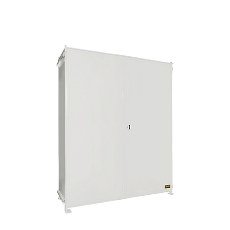 White cabinet against white background, with door handle and feet.
