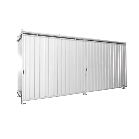 White, elongated container building with corrugated walls and two doors.