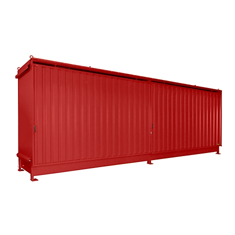 A red container with ribbed sides stands against a white background. It has doors and stands on metal feet.