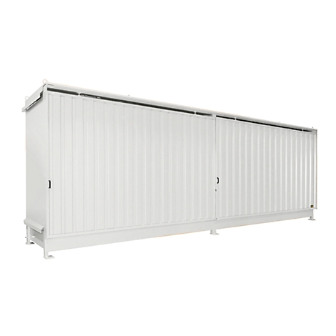 Large white container on supports, with two doors and corrugated sidewalls.