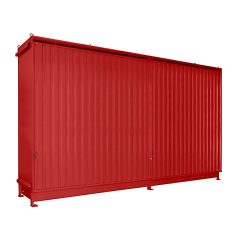 Red, container-like cabinet against a white background. Vertical grooves structure the surface. Two doors, square shape.