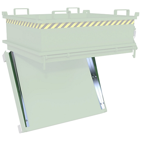 Schuine groene metalen oprit met geel en zwart gestreept patroon aan de bovenrand en zilverkleurige stutten.