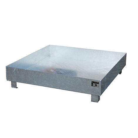 Square, galvanized steel tray on four short feet.