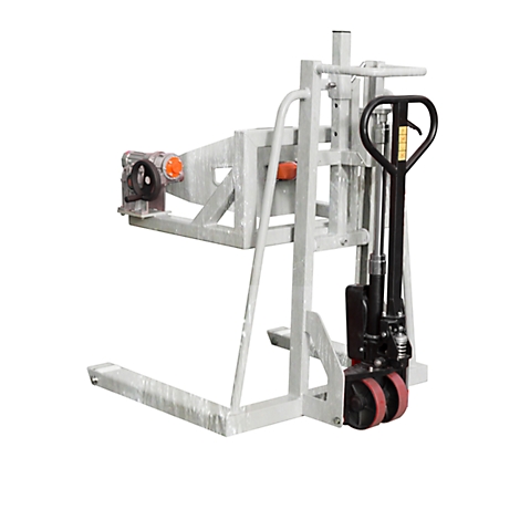 Gray forklift against white background. The forklift has black handles and red wheels.