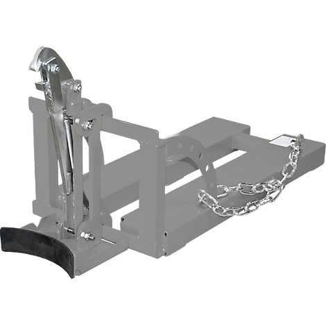 Gray barrel clamp with chain. Contains a clamp system and a holder for barrels.
