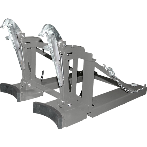Gray metal cylinder holder with chains and hook parts.