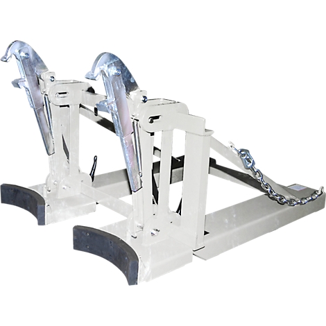 Gray device holder for barrels with chain attachment. Two curved arms hold the barrels. Black rubber bases.